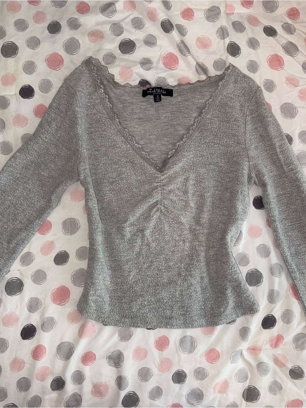 Grey y2k V-line Lace Long Sleeve Top